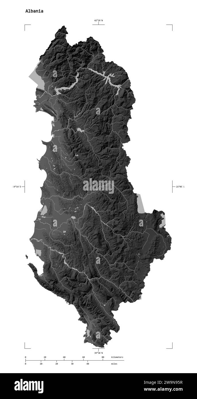 Shape of a Grayscale elevation map with lakes and rivers of the Albania, with distance scale and map border coordinates, isolated on white Stock Photo