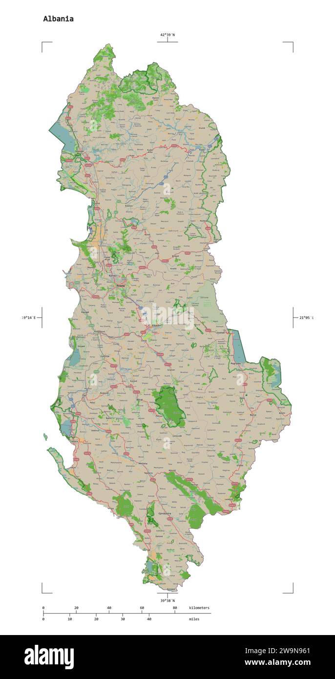 Shape of a topographic, OSM France style map of the Albania, with distance scale and map border coordinates, isolated on white Stock Photo