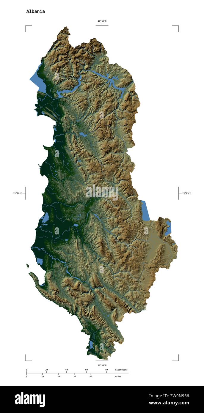 Shape of a Colored elevation map with lakes and rivers of the Albania, with distance scale and map border coordinates, isolated on white Stock Photo