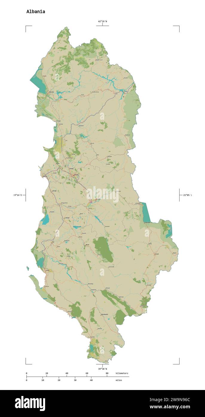 Shape of a topographic, OSM Humanitarian style map of the Albania, with distance scale and map border coordinates, isolated on white Stock Photo