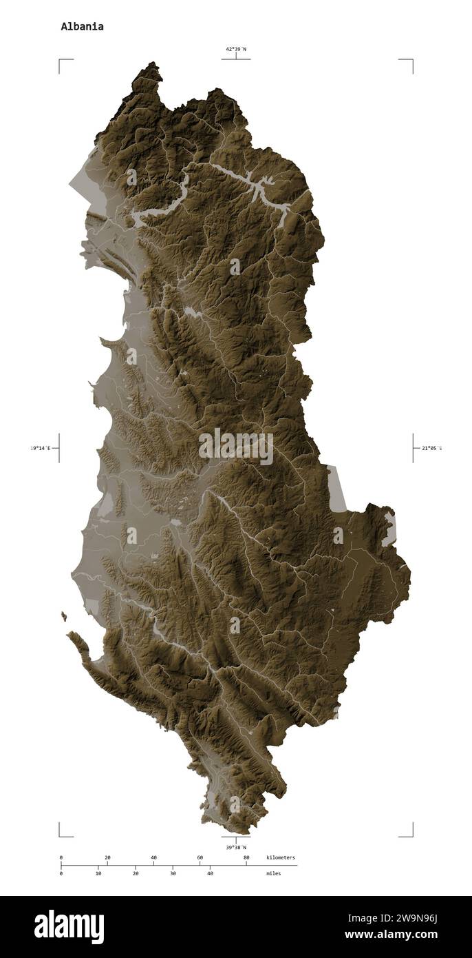 Albania map zoom border sepia hi res - Shape Of A Elevation Map Colored In Sepia Tones With Lakes And Rivers Of The Albania With Distance Scale And Map Border Coordinates Isolated On Whit 2W9N96J