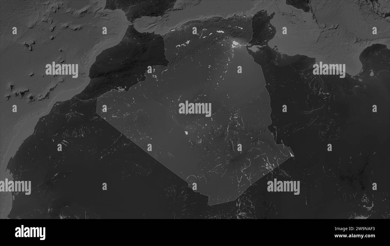 Algeria highlighted on a Grayscale elevation map with lakes and rivers ...