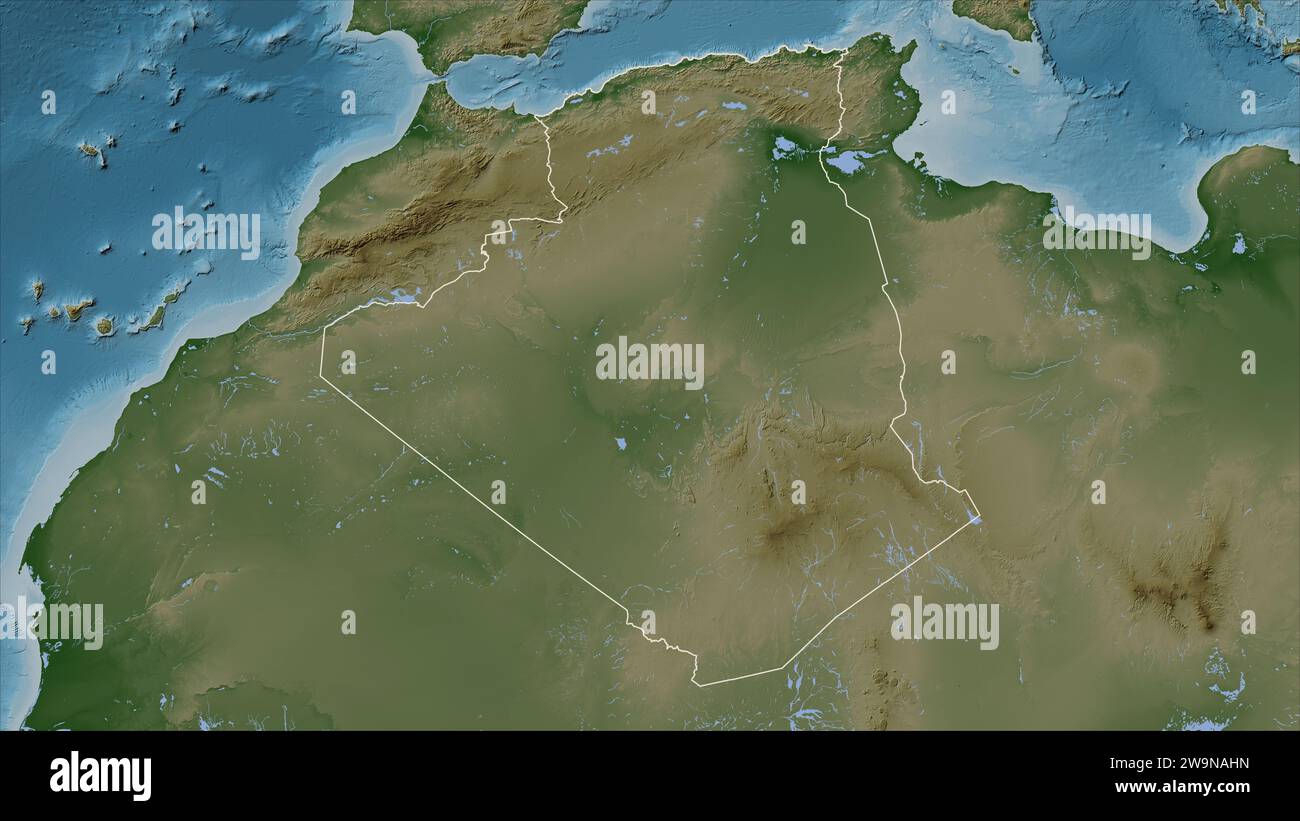 Algeria outlined on a Pale colored elevation map with lakes and rivers ...