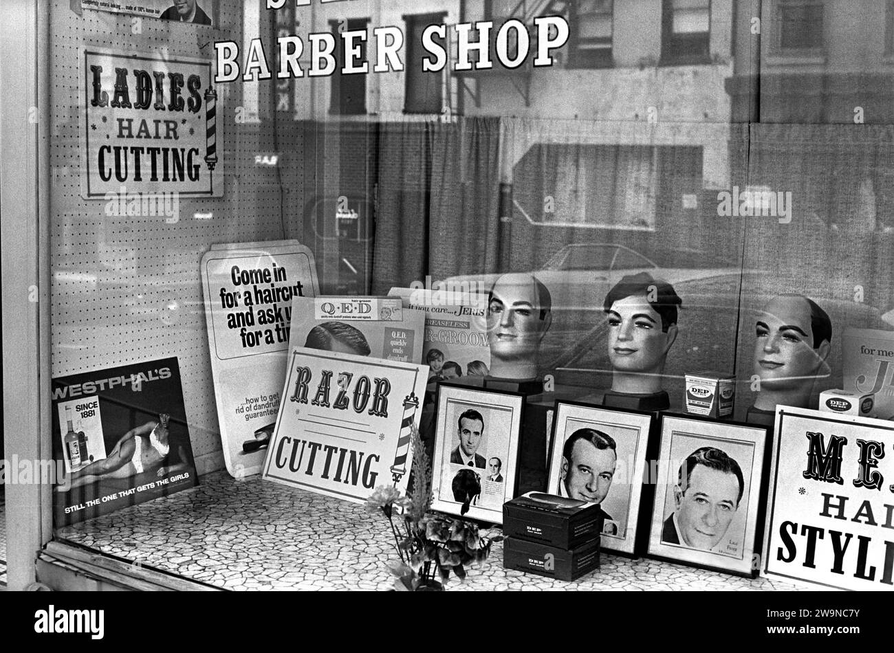 Retro shop window 1960s USA. Reflections in a Barber Shop. Trenton, New