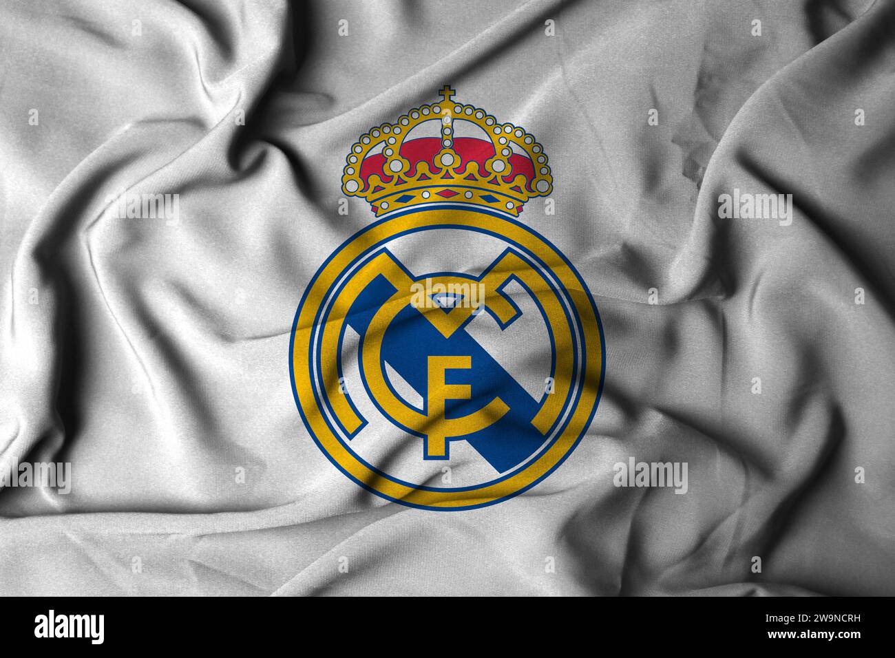 selective focus of real madrid logo. Madrid city football club in spain with flowing fabric texture. 3D illustration Stock Photo