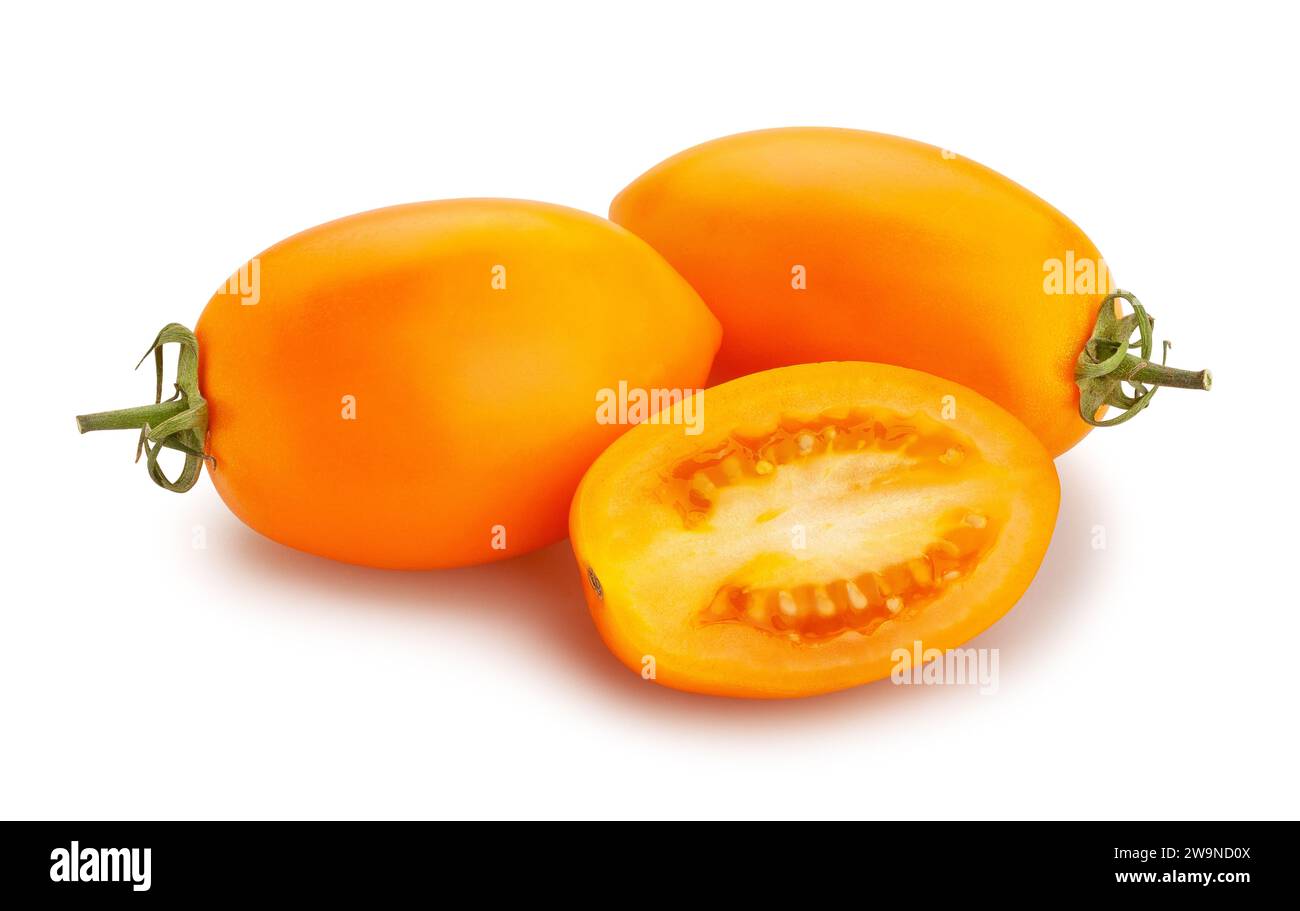 sliced orange plum tomato path isolated on white Stock Photo