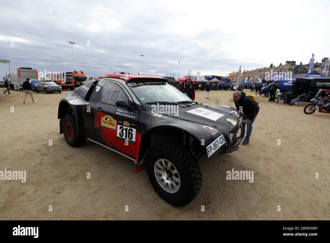 Paddock Area Rally Menton, France. 29th Dec, 2023. Paddock du rallye raid Africa Eco Race ...