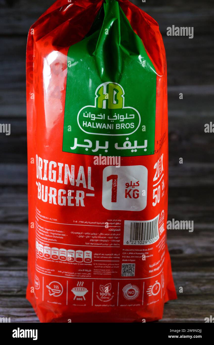 Cairo, Egypt, December 15 2023 Halwani Bros beef burger Haalwani