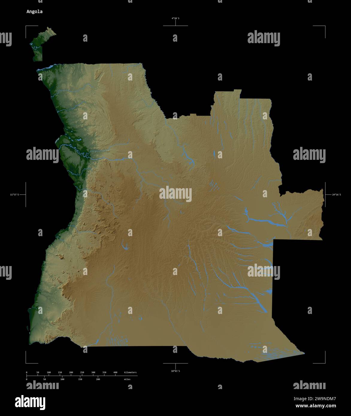 Angola map zoom border physical - Shape Of A Colored Elevation Map With Lakes And Rivers Of The Angola With Distance Scale And Map Border Coordinates Isolated On Black 2W9NDM7