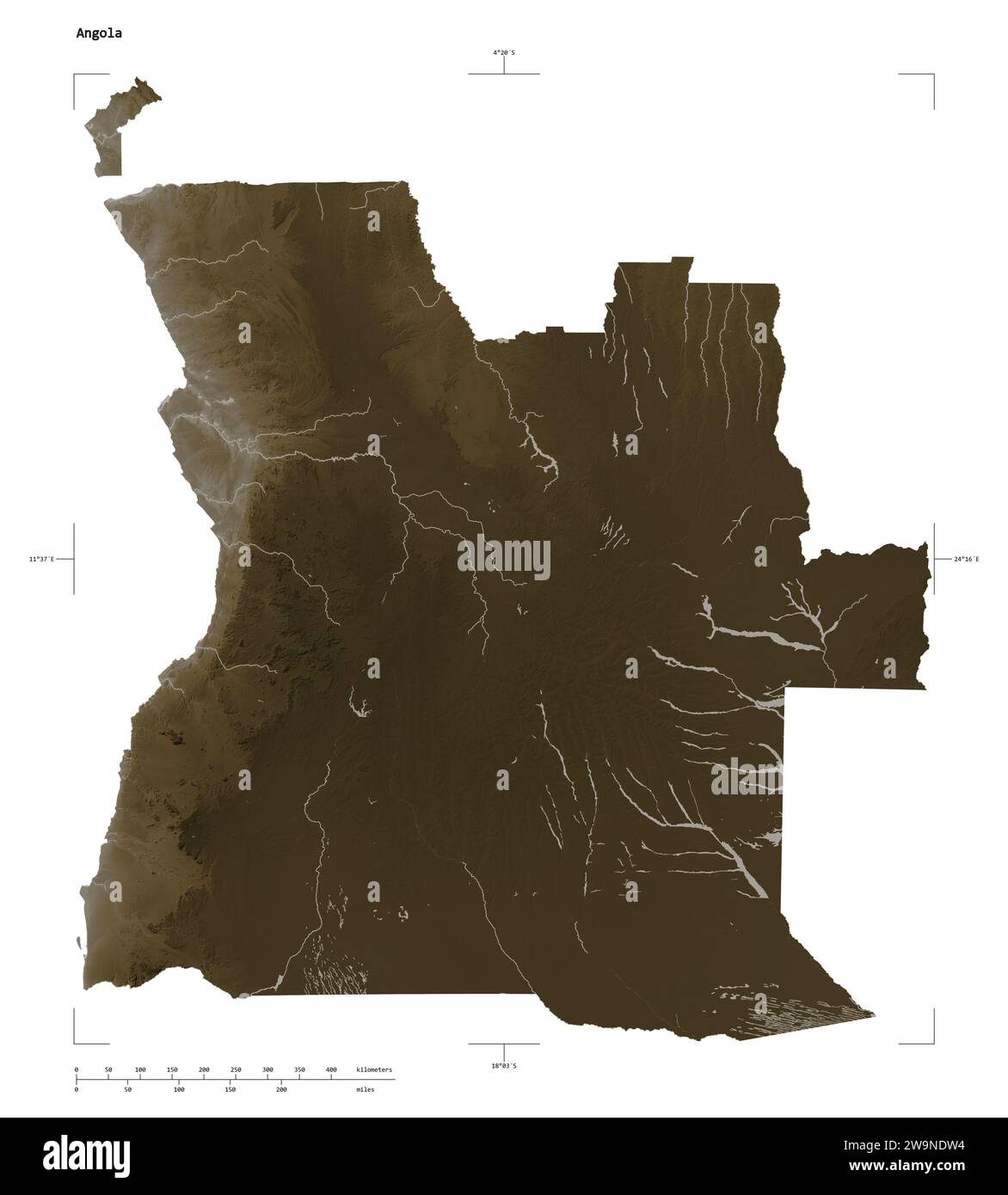 Angola map solid border sepia hi res - Shape Of A Elevation Map Colored In Sepia Tones With Lakes And Rivers Of The Angola With Distance Scale And Map Border Coordinates Isolated On White 2W9NDW4