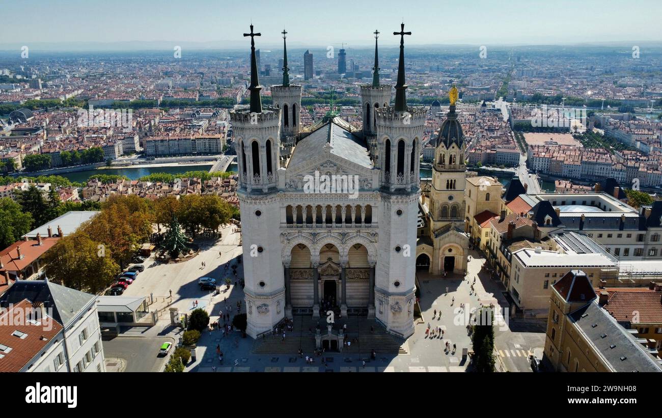 drone photo Notre-Dame de Fourvière Basilica, Basilique Notre-Dame de Fourvière Lyon France Europe Stock Photo