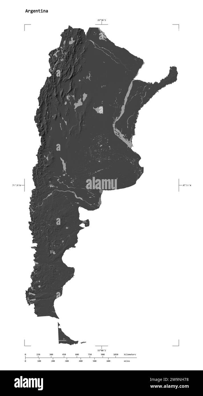 Shape of a Bilevel elevation map with lakes and rivers of the Argentina, with distance scale and map border coordinates, isolated on white Stock Photo