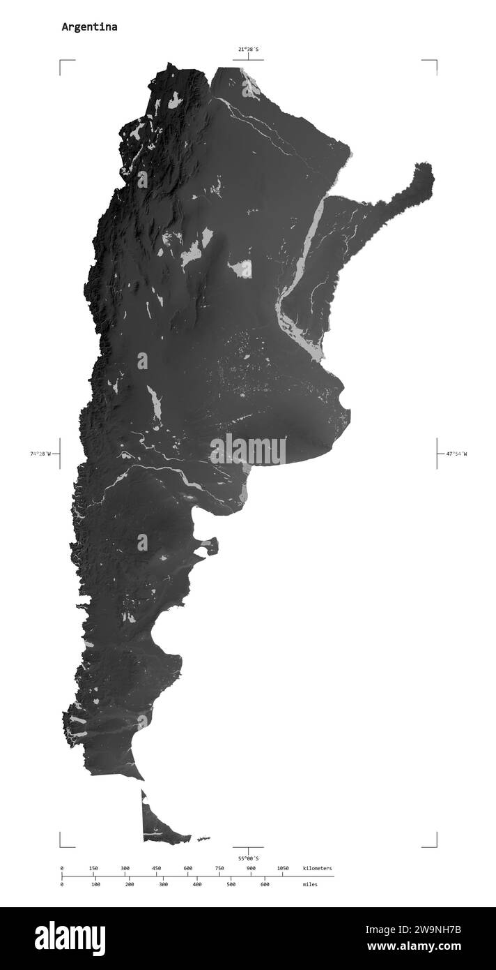 Shape of a Grayscale elevation map with lakes and rivers of the Argentina, with distance scale and map border coordinates, isolated on white Stock Photo