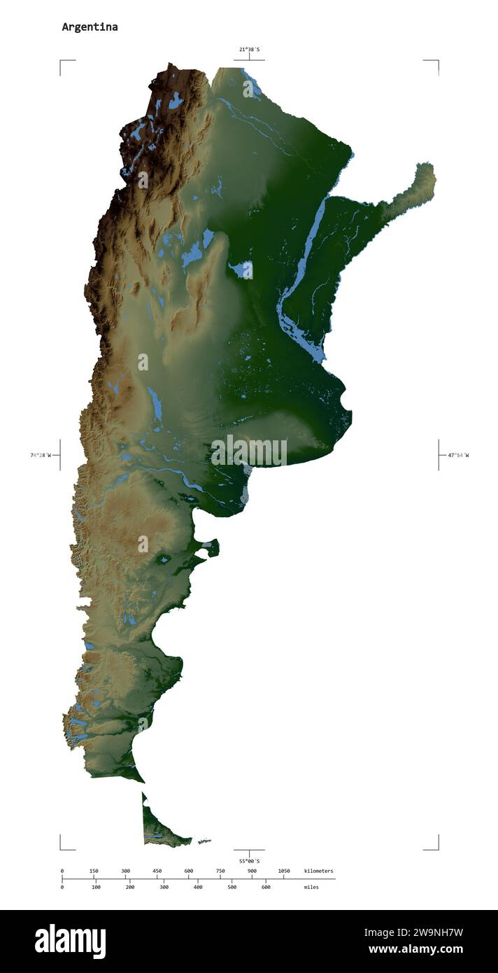 Shape Of A Colored Elevation Map With Lakes And Rivers Of The Argentina Shape Of A Colored Elevation Map With Lakes And Rivers Of The Argentina With Distance Scale And Map Border Coordinates Isolated On White 2W9NH7W 