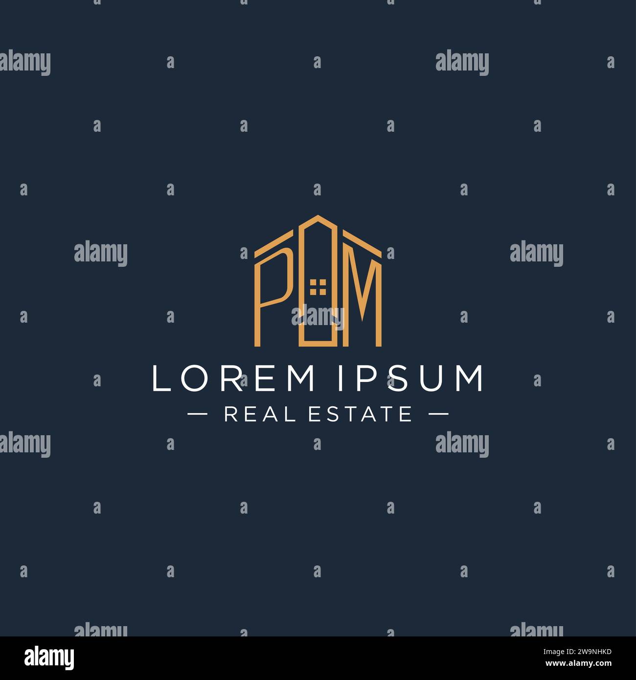 Initial letter PM logo with abstract house shape, luxury and modern