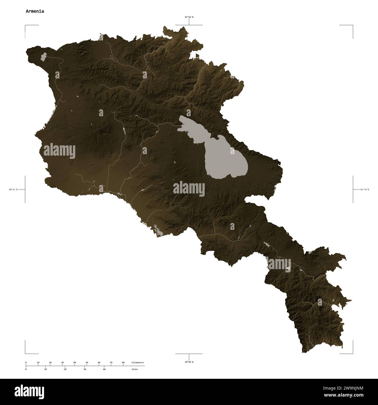 Armenia map zoom border sepia hi res - Shape Of A Elevation Map Colored In Sepia Tones With Lakes And Rivers Of The Armenia With Distance Scale And Map Border Coordinates Isolated On Whit 2W9NJNM