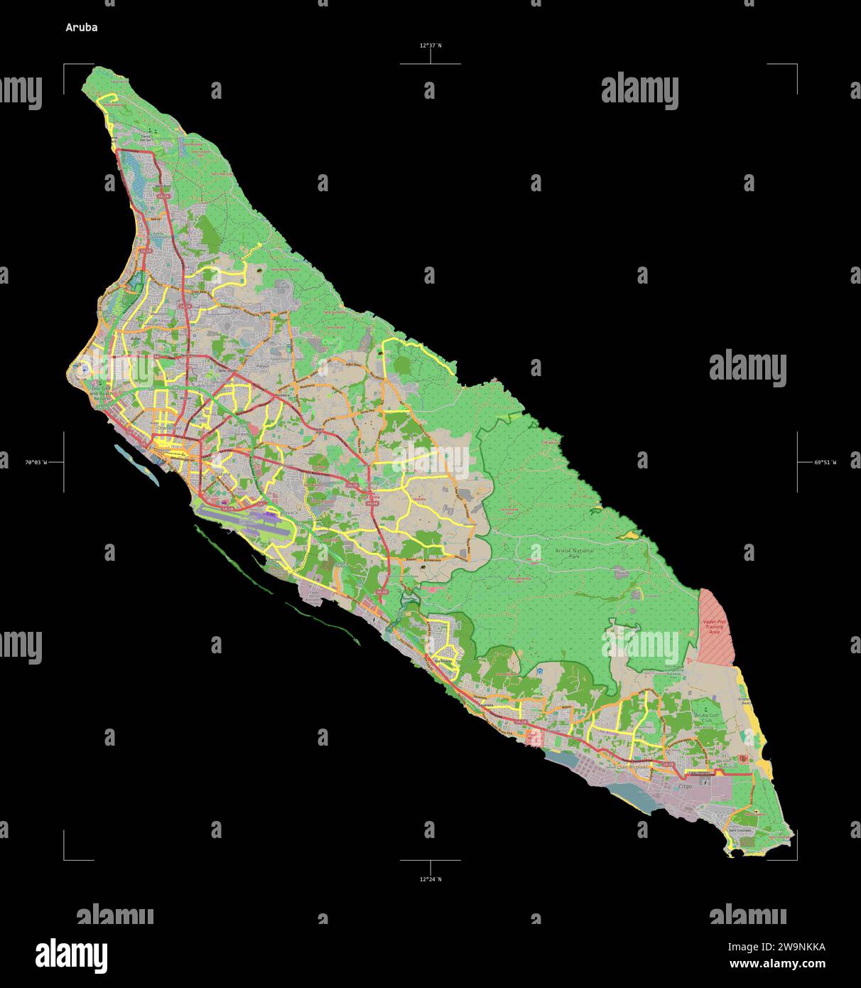 Shape of a topographic, OSM France style map of the Aruba, with ...