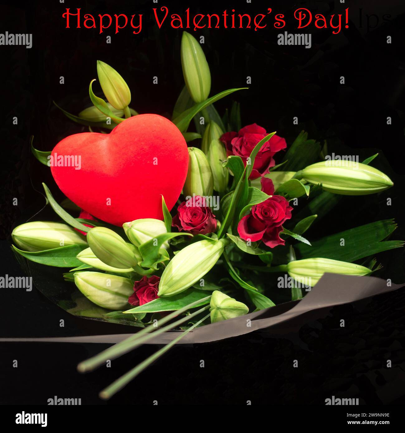 Happy Valentine's Day text written in red script font above a wrapped ...