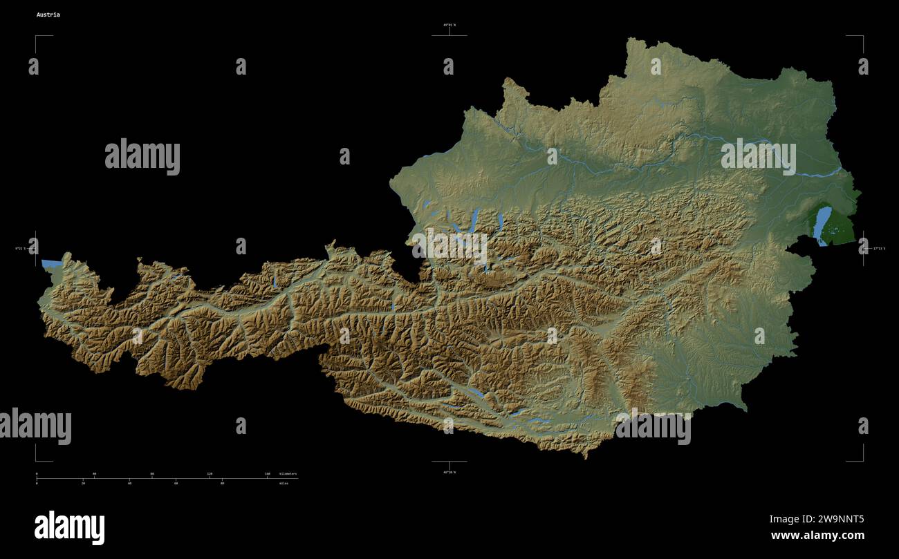 Austria map solid border physical - Shape Of A Colored Elevation Map With Lakes And Rivers Of The Austria With Distance Scale And Map Border Coordinates Isolated On Black 2W9NNT5