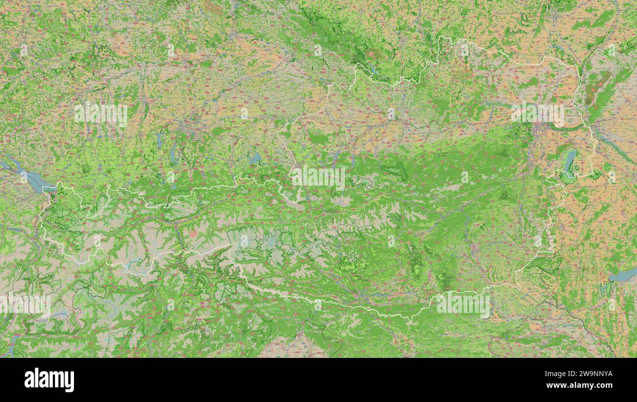 Austria outlined on a topographic, OSM France style map Stock Photo