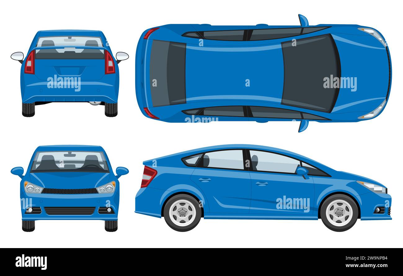 Blue car vector template with simple colors without gradients and effects. View from side, front, back and top Stock Vector
