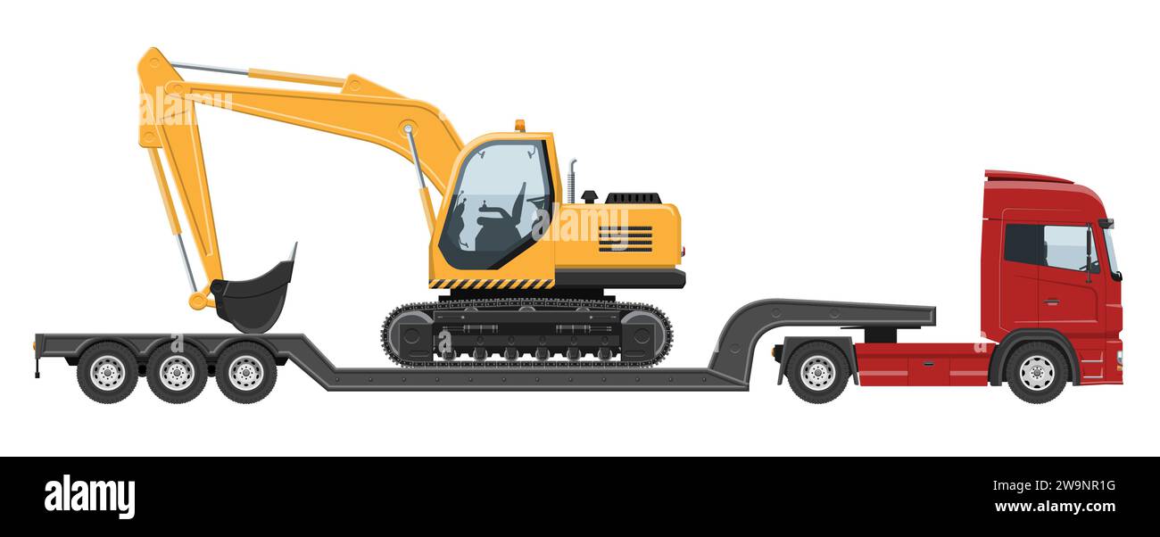 Low-bed semi-trailer truck carrying an excavator. Isolated vector illustration with simple colors without gradients and effects. Construction vehicle Stock Vector