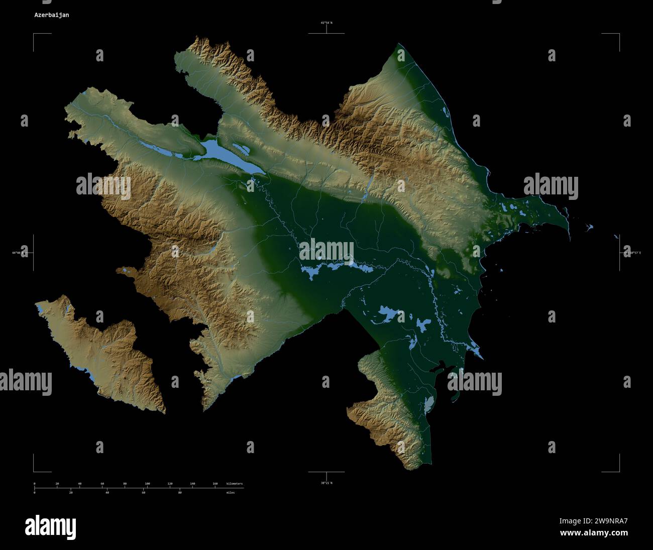 Azerbaijan map solid border physical - Shape Of A Colored Elevation Map With Lakes And Rivers Of The Azerbaijan With Distance Scale And Map Border Coordinates Isolated On Black 2W9NRA7
