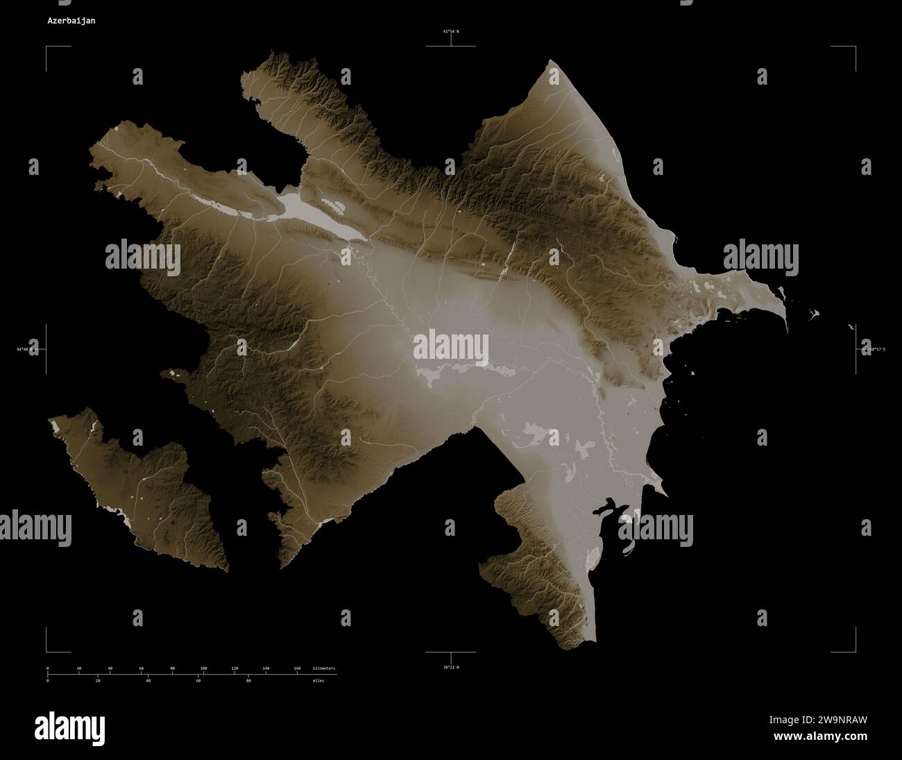 Azerbaijan map zoom border sepia - Shape Of A Elevation Map Colored In Sepia Tones With Lakes And Rivers Of The Azerbaijan With Distance Scale And Map Border Coordinates Isolated On B 2W9NRAW