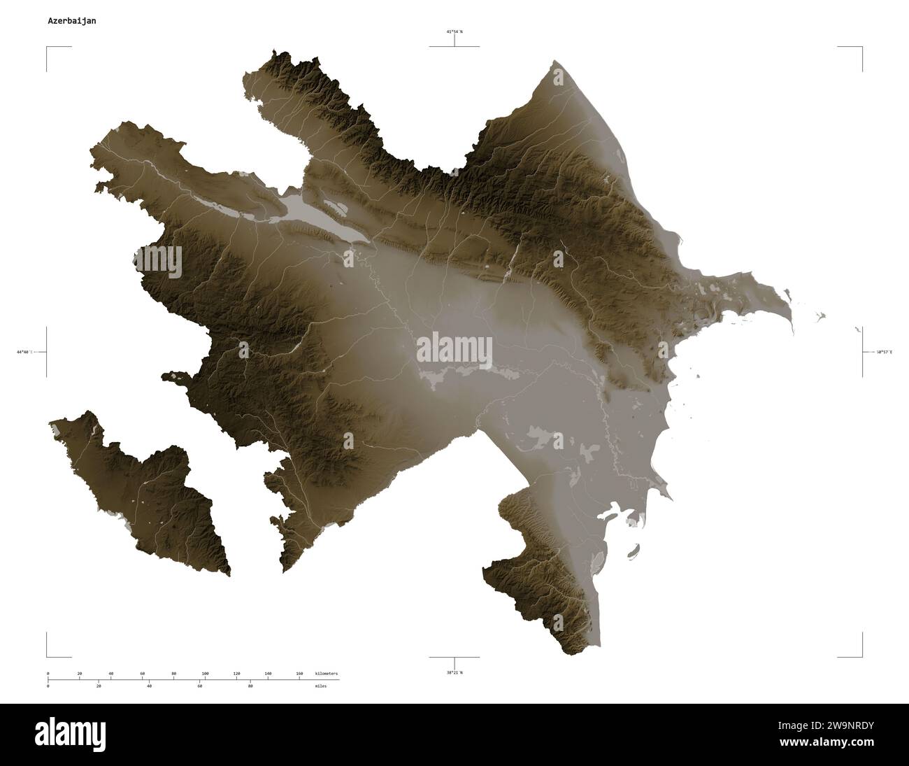 Azerbaijan map solid border sepia - Shape Of A Elevation Map Colored In Sepia Tones With Lakes And Rivers Of The Azerbaijan With Distance Scale And Map Border Coordinates Isolated On W 2W9NRDY map with grid coordinates