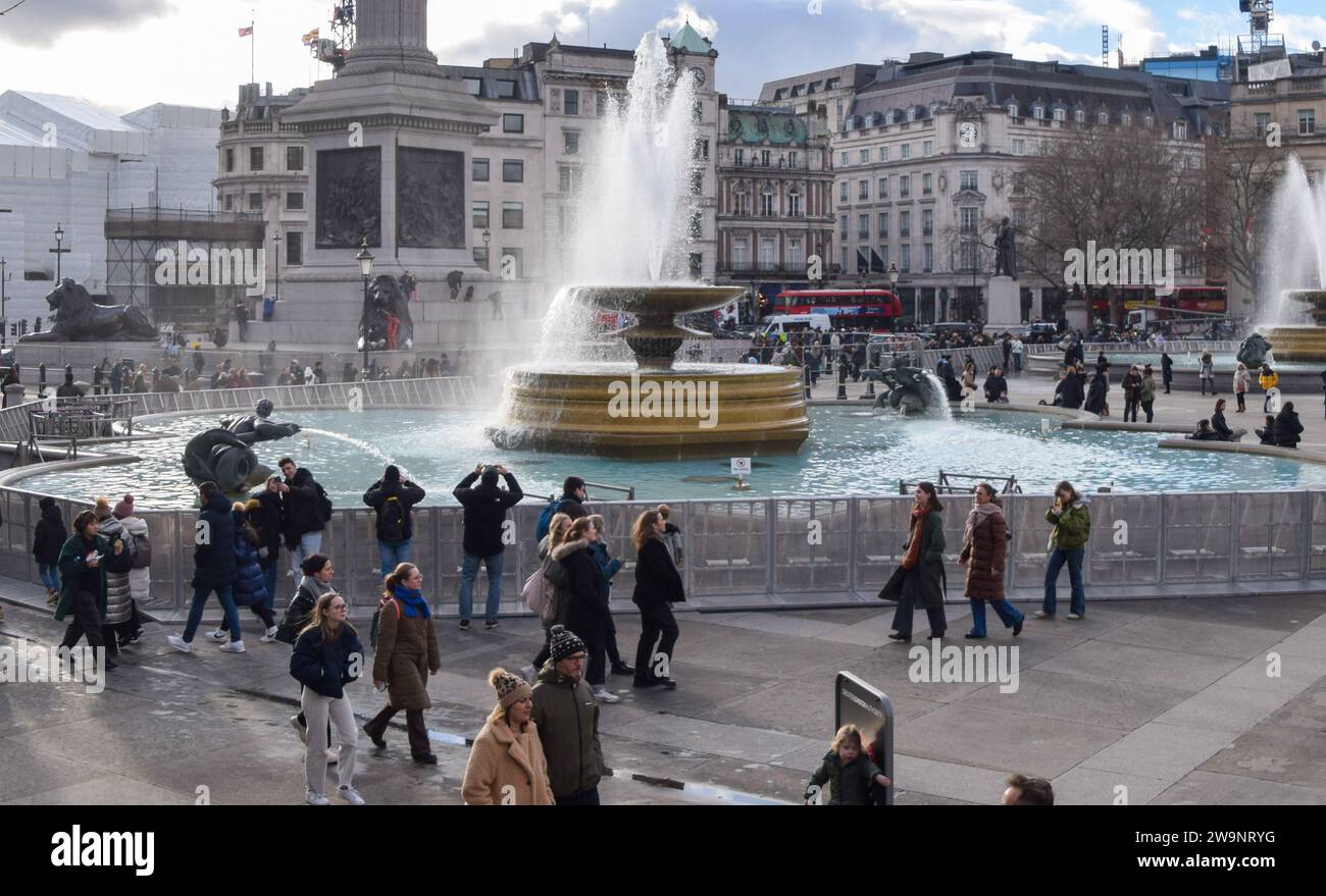 London, UK. 29th December 2023. The fountains in Trafalgar Square are