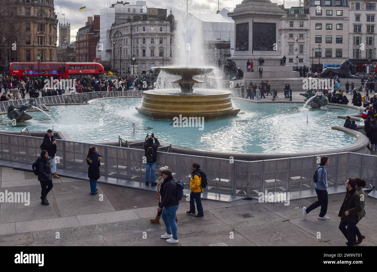 London, UK. 29th December 2023. The fountains in Trafalgar Square are