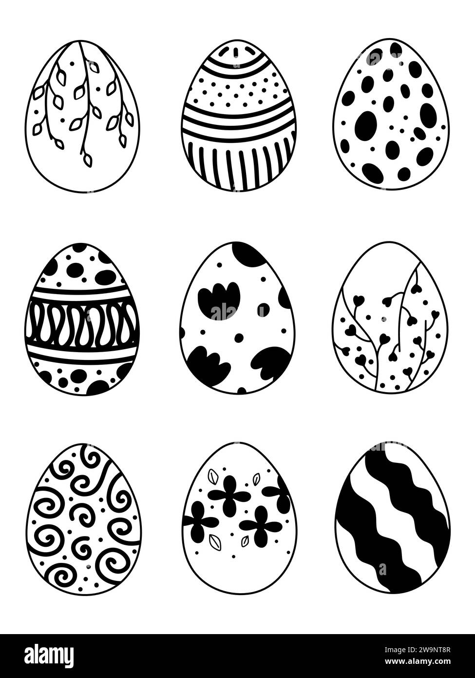 Set of silhouettes of vintage Easter eggs. Black and white illustration ...