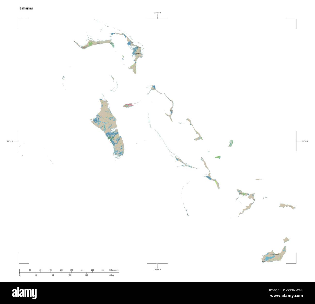 Shape of a topographic, OSM Germany style map of the Bahamas, with