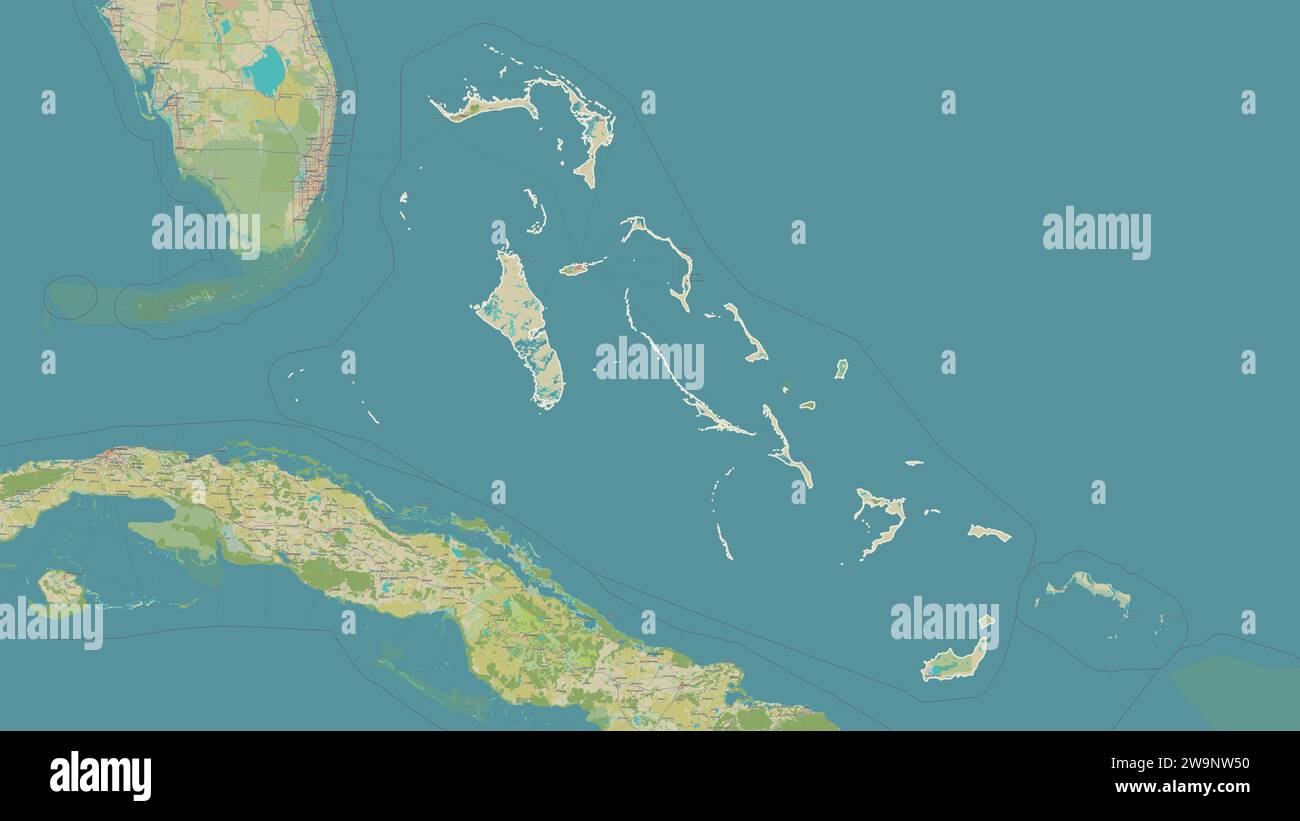 Bahamas outlined on a topographic, OSM Humanitarian style map Stock