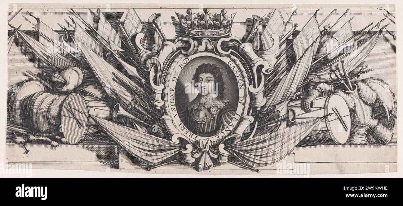 Border at Bottom Center: Portrait of Gaston of France in an Ornamental Border, from a group of sixteen plates originally mounted as a single sheet, entitled Siege de La Rochelle (The Seige of La Rochelle) 1957 by Abraham Bosse Stock Photo