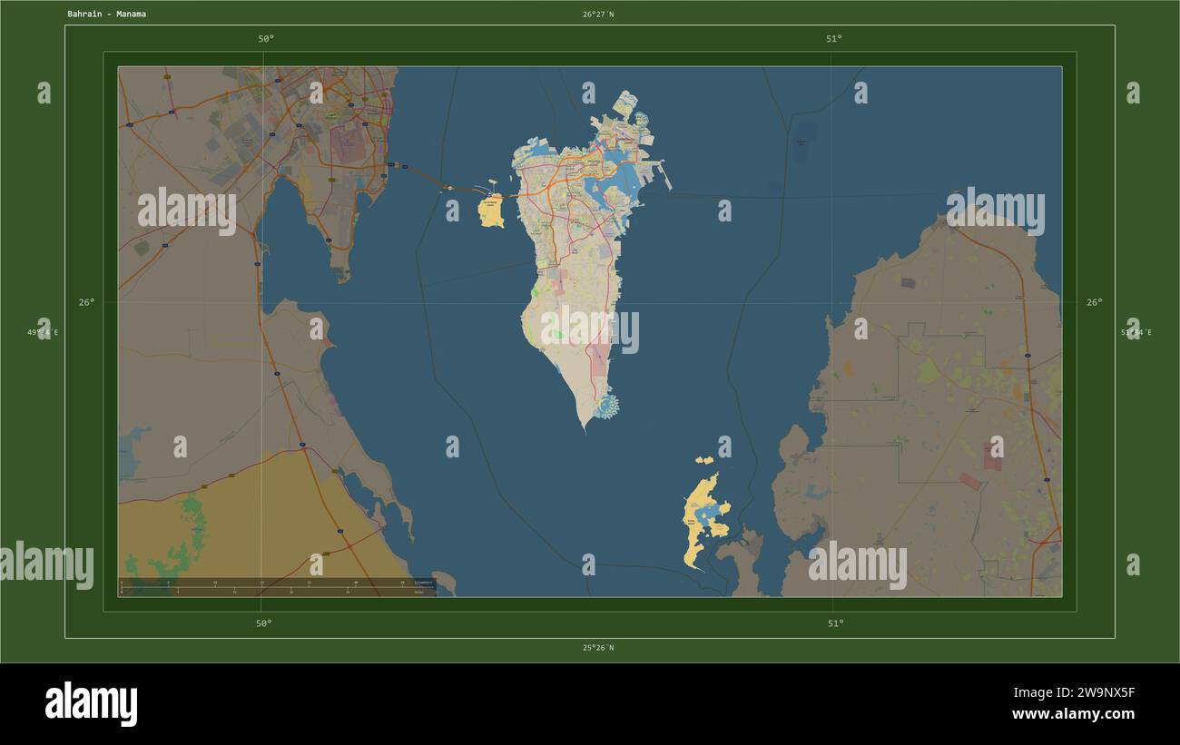 Bahrain highlighted on a topographic, OSM Germany style map map with ...