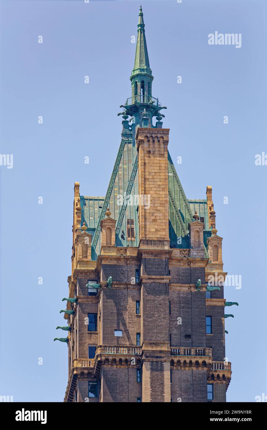 Copper-clad roof, cupola, and winged gargoyles crown the Sherry-Netherland, a 1927 hotel now primarily condominium residences at 781 Fifth Avenue. Stock Photo