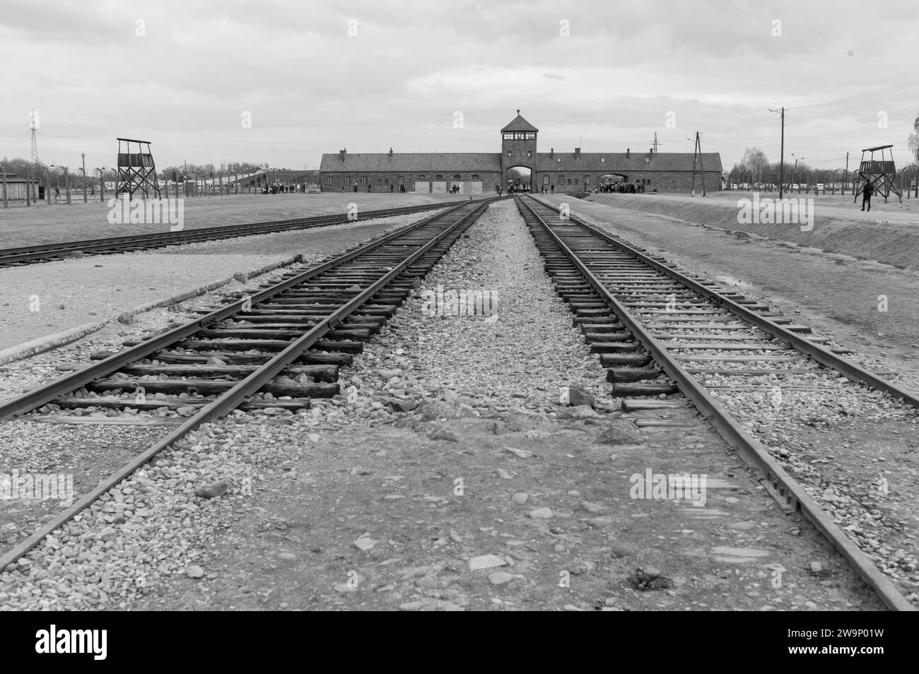 Rail tracks and entry to Auschwitz  Birkenau concentration camps, Poland Stock Photo
