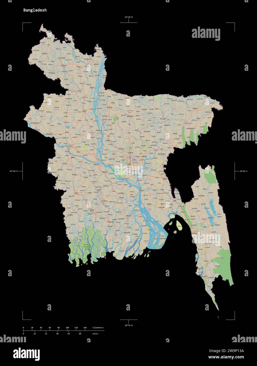 Shape of a topographic, OSM standard style map of the Bangladesh, with ...