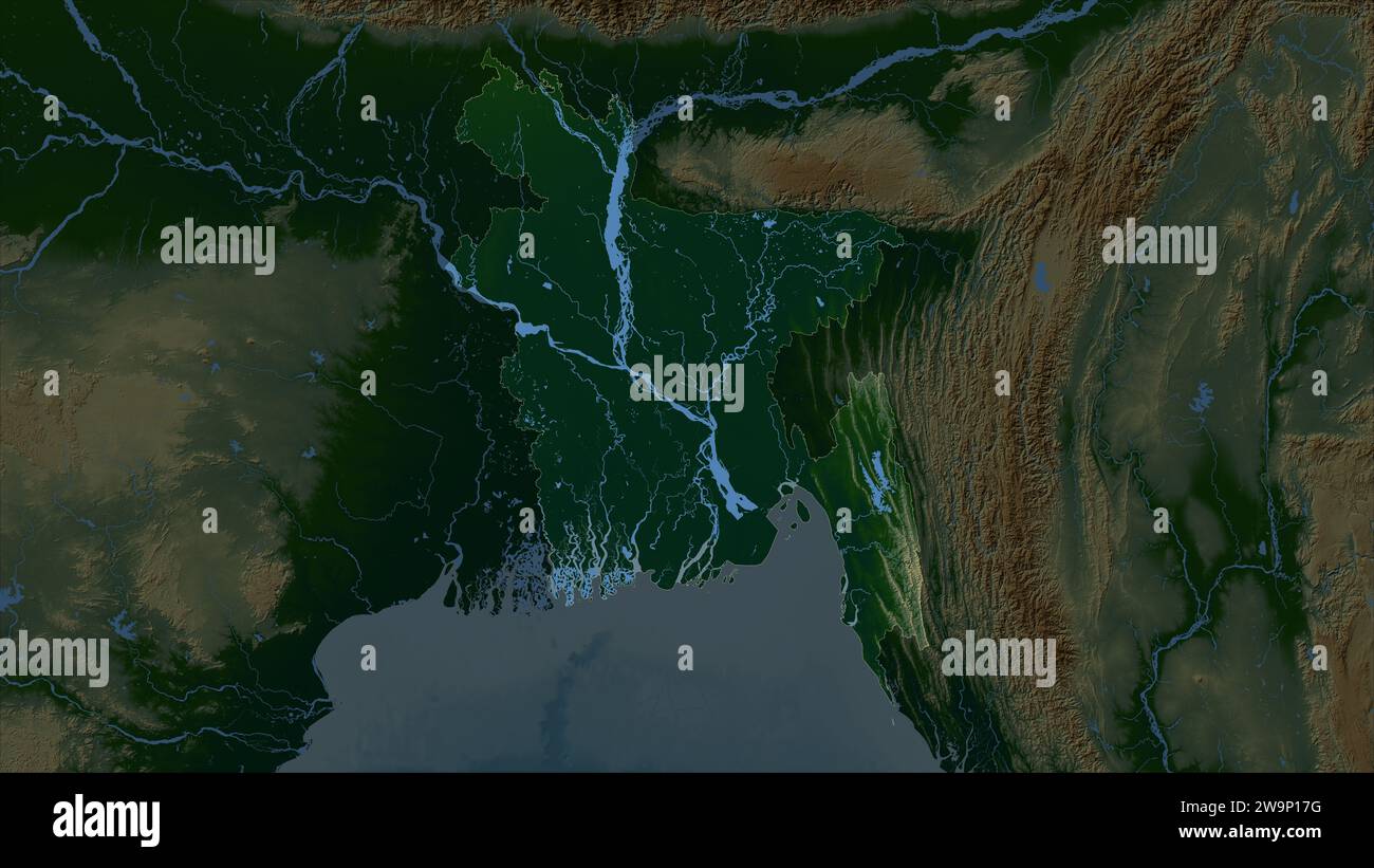 Bangladesh highlighted on a Colored elevation map with lakes and rivers ...