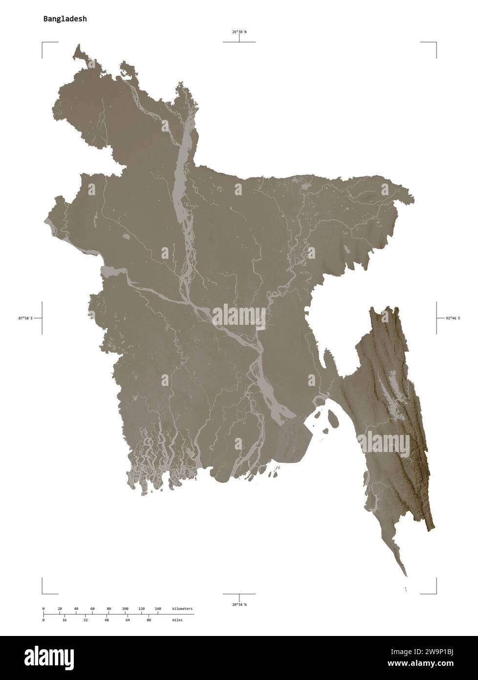 Bangladesh map zoom border sepia - Shape Of A Elevation Map Colored In Sepia Tones With Lakes And Rivers Of The Bangladesh With Distance Scale And Map Border Coordinates Isolated On W 2W9P1BJ