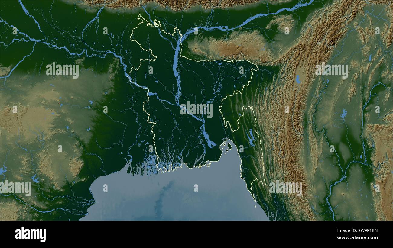 Bangladesh outlined on a Colored elevation map with lakes and rivers