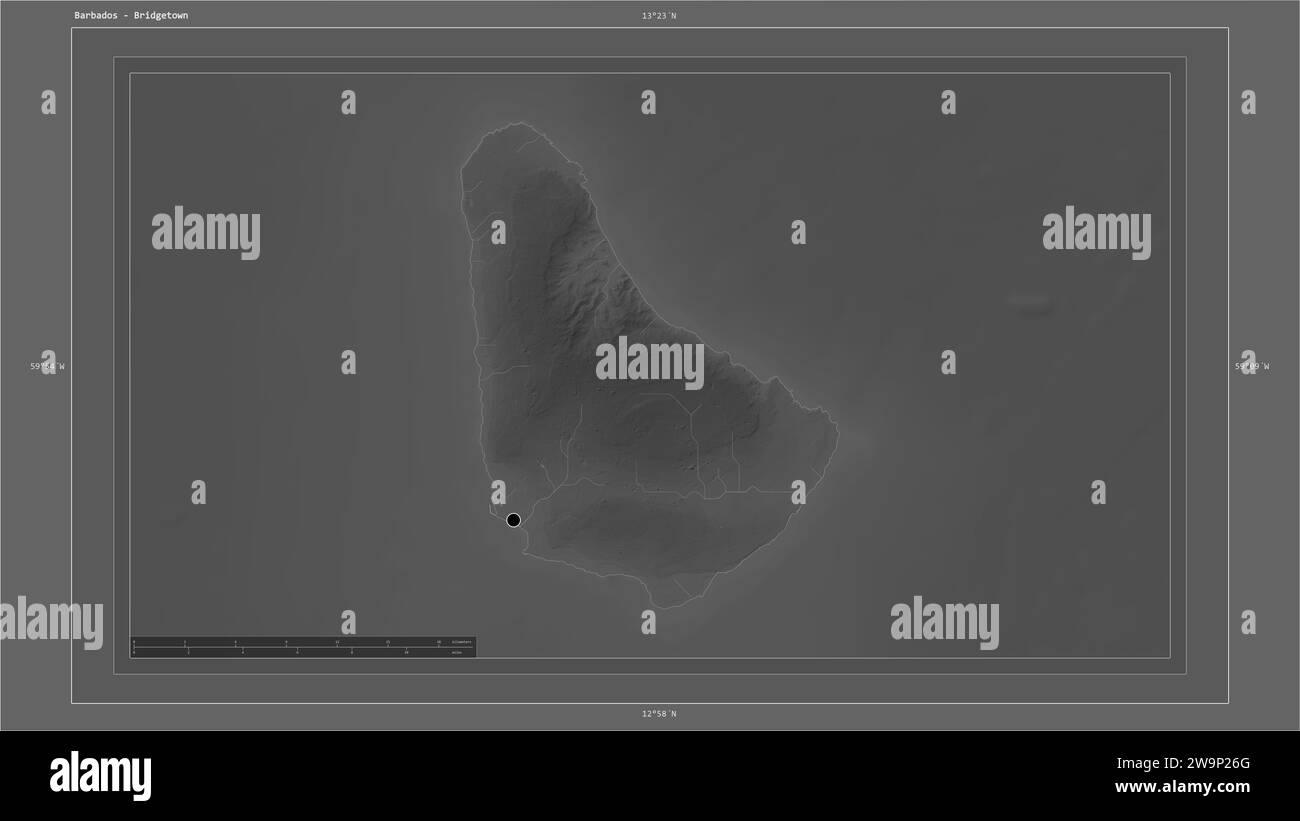 Barbados highlighted on a Grayscale elevation map with lakes and rivers
