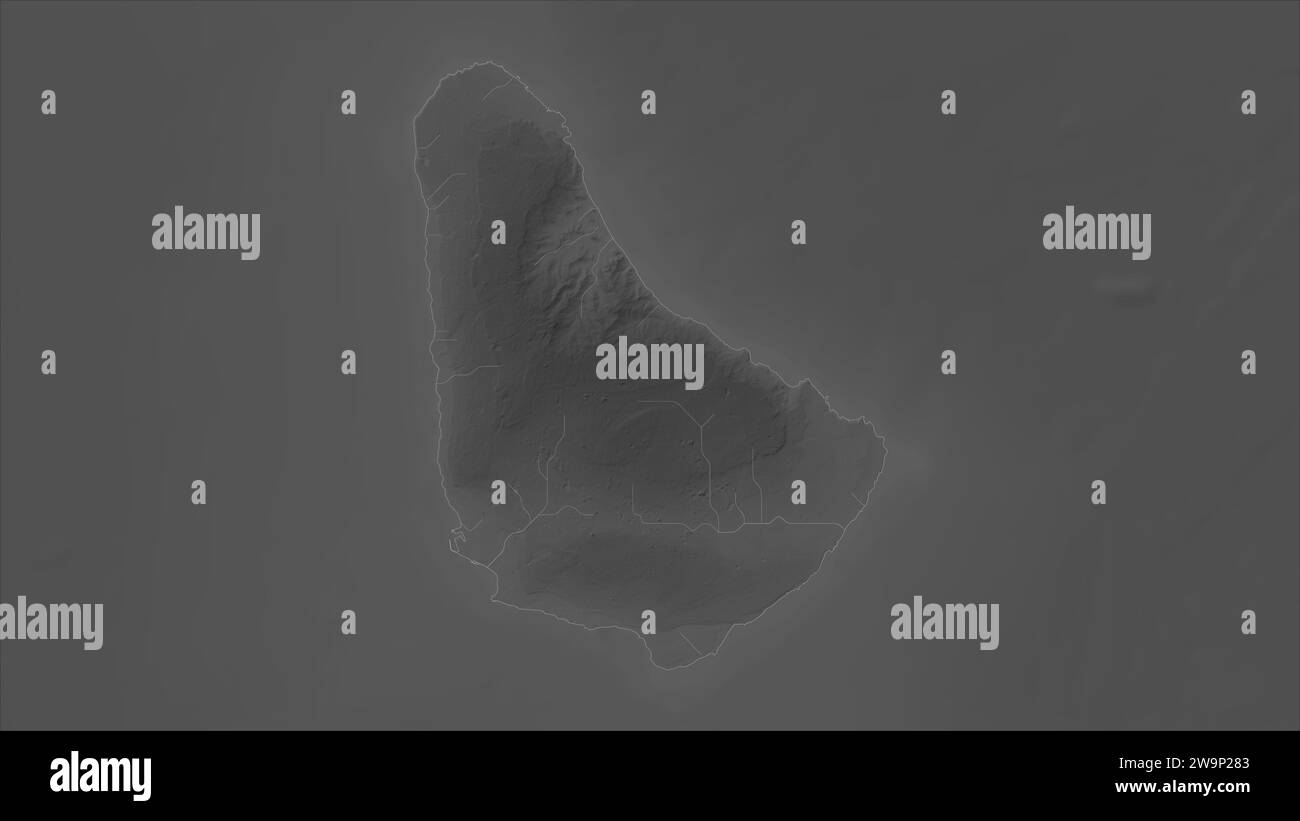 Barbados highlighted on a Grayscale elevation map with lakes and rivers Stock Photo