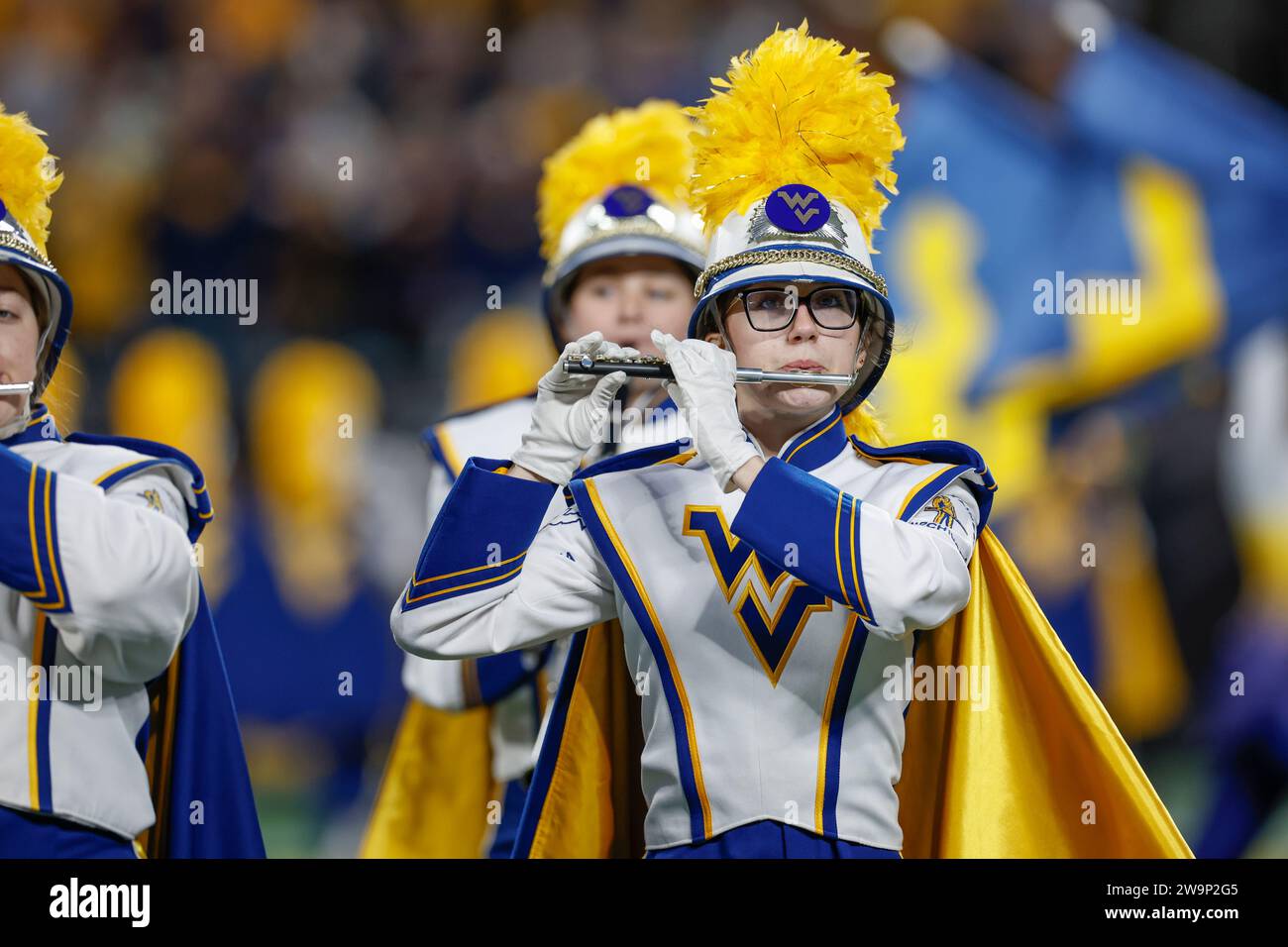 Dec 27, 2023; Charlotte, NC, USA;  West Virginia Mountaineers marching band performs at the half during the Duke’s Mayo Bowl an at Bank of American Stock Photo
