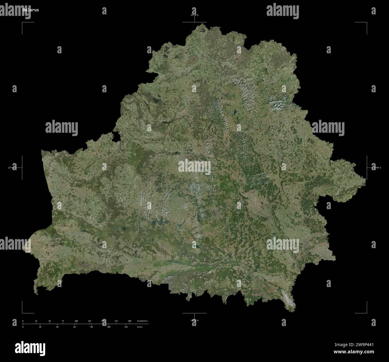 Belarus map solid border satellite - Shape Of A High Resolution Satellite Map Of The Belarus With Distance Scale And Map Border Coordinates Isolated On Black 2W9P441