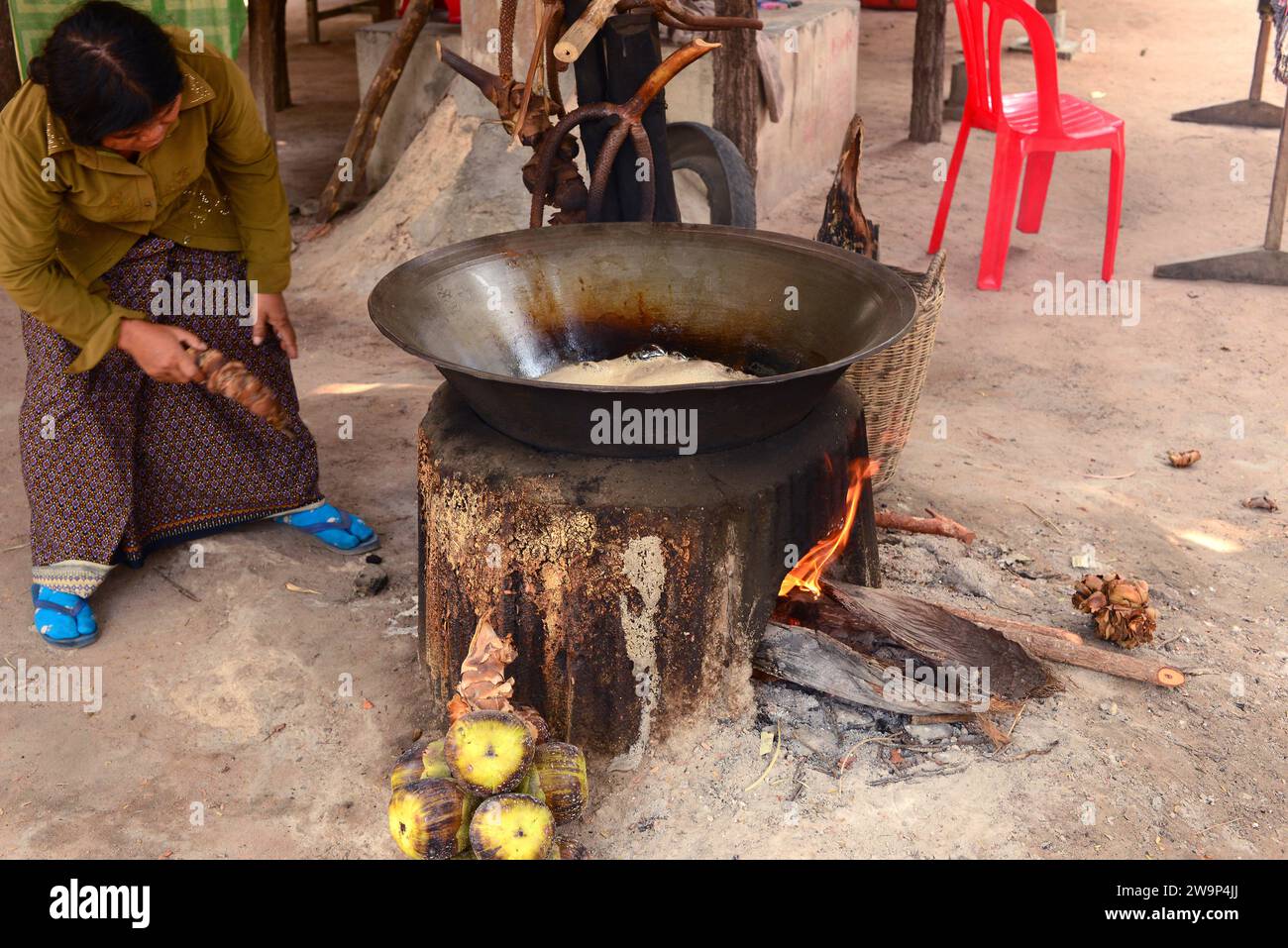 Making palm sugar in a traditional oven. Siem Reap, Cambodia. Stock Photo