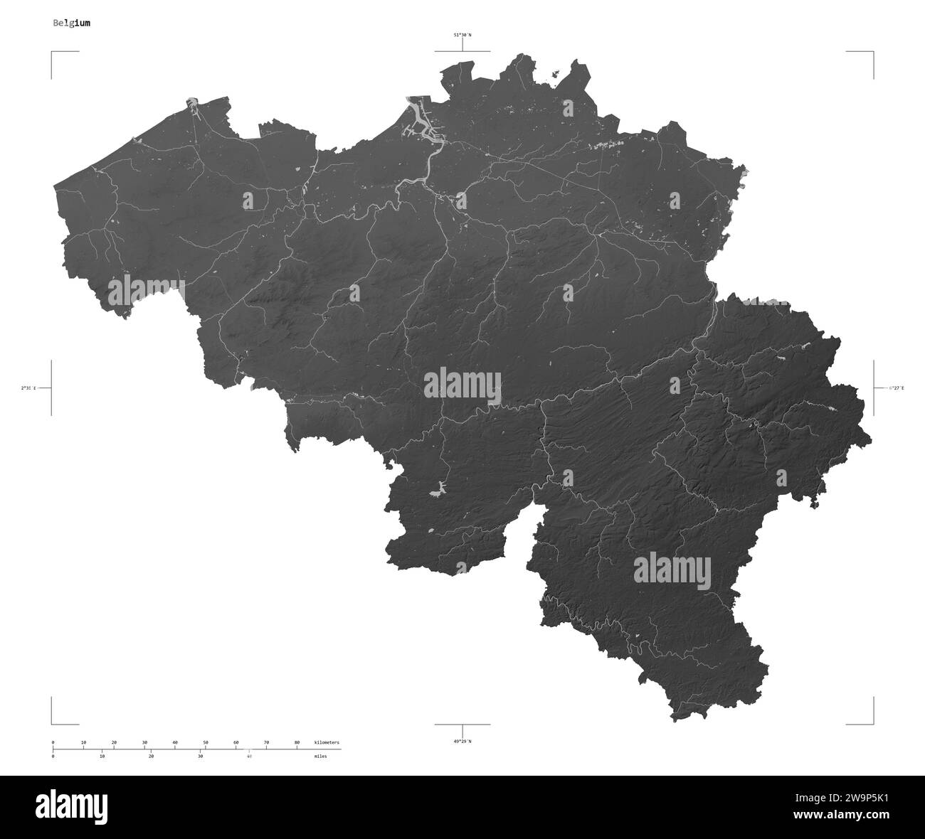 Shape of a Grayscale elevation map with lakes and rivers of the Belgium