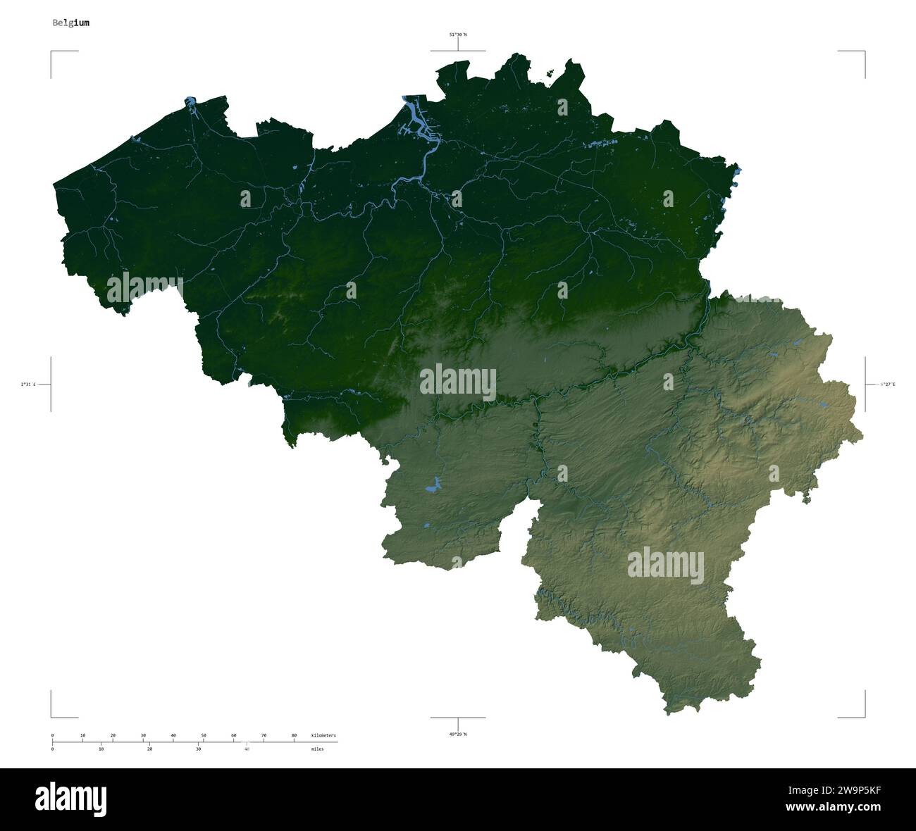 Belgium map solid border physical - Shape Of A Colored Elevation Map With Lakes And Rivers Of The Belgium With Distance Scale And Map Border Coordinates Isolated On White 2W9P5KF
