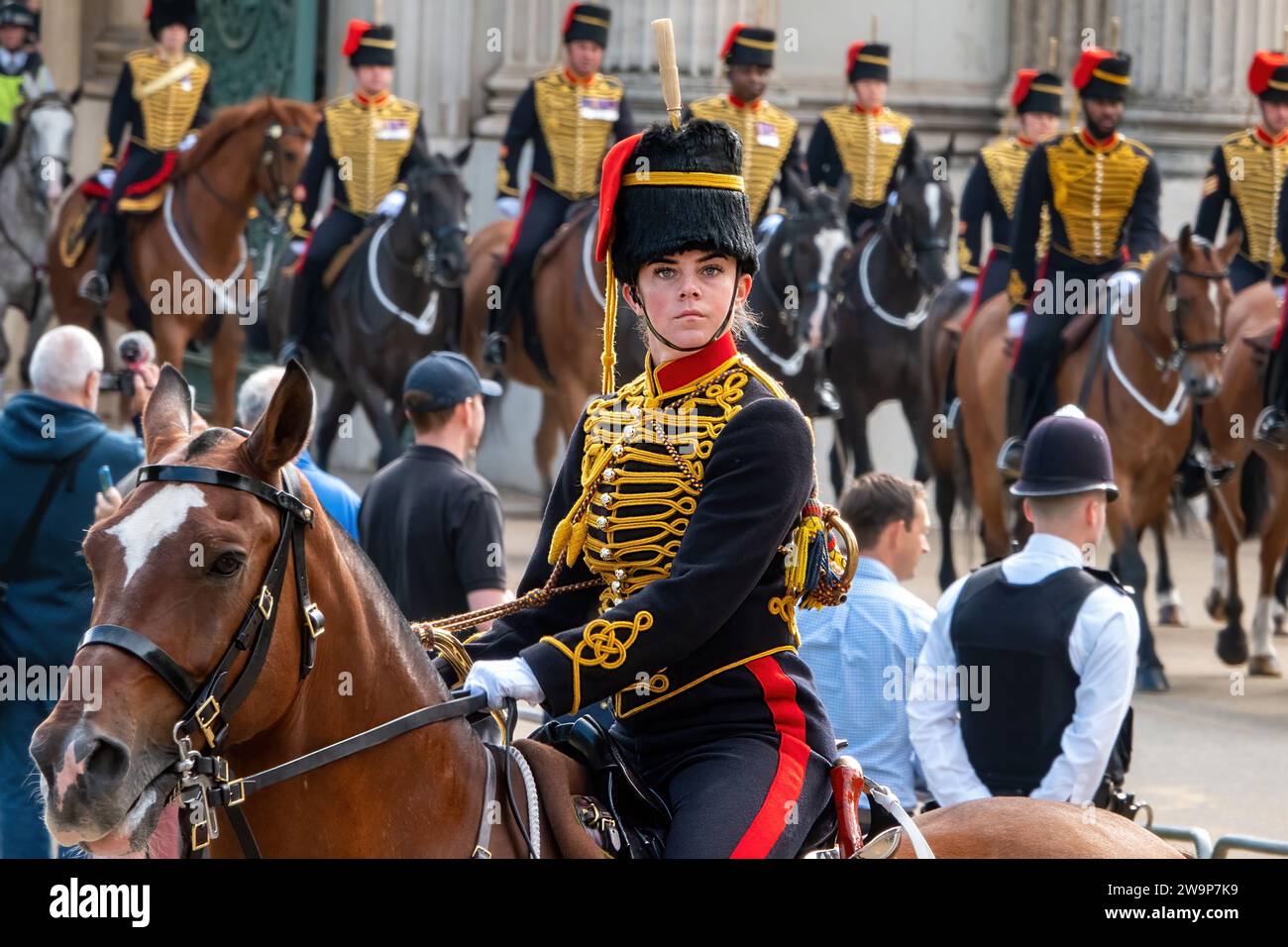 The King’s Troop of the Royal Horse Artillery rehearsal for the funeral of Queen Elizabeth the second, September 2022. Wellington Arch, London. Stock Photo